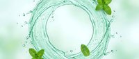 Water splash circle with fresh mint leaves isolated on white background, suitable for cosmetics, skincare, beverage and wellness product packaging design.
