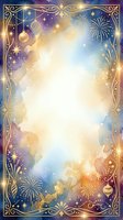 Ornate golden frame with fireworks, stars, and hanging ornaments on gradient purple-to-blue background with luminous center space for text or design overlay.
