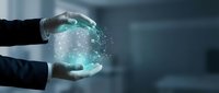 Hands holding glowing digital sphere with connected particles and data network visualization for technology, innovation, and business solutions.