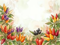 Colorful tulips and tomatoes frame a soft watercolor background, creating a botanical border design suitable for greeting cards, invitations, and seasonal marketing materials.
