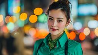 Young Asian businesswoman in green blazer smiling confidently against blurred city lights bokeh background at night for professional corporate marketing materials.