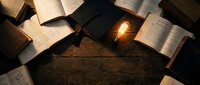 Vintage books scattered on rustic wooden table with warm glowing light bulb creating cozy reading atmosphere for education and literature concepts.