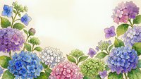 Watercolor hydrangea flowers frame with green leaves on cream background for wedding invitations, greeting cards and floral design projects.