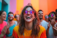 Young woman with pink glasses laughing joyfully against vibrant rainbow colored background with blurred crowd, wearing bright orange t-shirt, expressing genuine happiness.