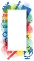 Watercolor education frame with school supplies, books, apple, globe and ruler creating colorful border for back to school designs and academic materials.