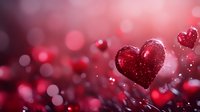 Red glowing hearts floating with sparkles and bokeh effects on dark burgundy background, romantic atmosphere for Valentine's Day designs and love concepts.