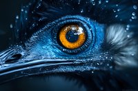 Extreme close-up of exotic bird eye in vibrant amber color against blue feathers creates dramatic wildlife contrast, suitable for nature photography and animal portraits.