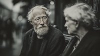 Elderly Caucasian man with gray beard sitting outdoors with senior woman, candid street photography capturing authentic aging and companionship moments.
