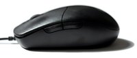 Black wired computer mouse on white background, side view. Classic office peripheral device isolated for tech, hardware, and workspace design projects.