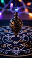 Ornate brass pendulum hanging over mystical circular board with intricate patterns and symbols, illuminated by colorful bokeh lights for divination practices.