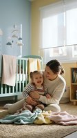 Young Caucasian mother holding laughing toddler daughter in cozy nursery room with crib and colorful blankets creating warm family bonding moment.