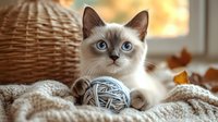 Ragdoll cat with blue eyes lying on knitted blanket with yarn ball and autumn leaves, cozy home atmosphere for pet photography and seasonal decor.