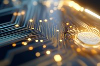 Close-up of electronic circuit board with gold and blue connections, showing intricate pathways and components in modern technology.