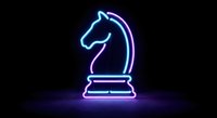 Glowing neon chess knight piece in blue and pink colors on black background. Strategic game symbol with electric light effect for gaming concepts.