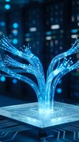 Glowing blue fiber optic cables emerging from computer chip creating digital data flow visualization against blurred technology background for networking concepts.