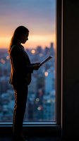 Professional businesswoman using tablet at office window during sunset with city skyline view for corporate technology and urban lifestyle concepts.