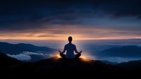 Person meditating in lotus position on mountain peak at dramatic sunset, silhouetted against orange and purple sky with clouds below, representing peace and mindfulness.