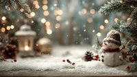 Cozy winter scene with cute snowman figurine, pine branches, warm bokeh lights, and festive decorations creating magical holiday atmosphere.