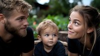 Young family with toddler boy sharing tender moment outdoors in garden setting. Parents gazing lovingly at child while relaxing together on summer day.