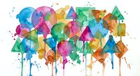 Abstract watercolor geometric shapes in vibrant colors with paint drips and splatters on white background for creative design projects.