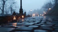 Atmospheric cobblestone street at dusk with vintage lantern, glowing street lamps, and misty urban background creating moody ambiance.