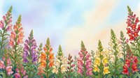 Colorful snapdragon flowers in full bloom against a soft watercolor sky, creating a vibrant floral border with pink, purple, orange and yellow blossoms.
