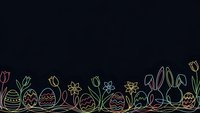 Easter eggs, tulips, daffodils and bunny ears line art border on black background for spring holiday greeting cards and seasonal decorations.