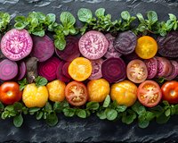 Fresh colorful tomatoes and sliced beets arranged in rows with green spinach leaves on dark stone background, overhead view of vibrant vegetable composition.