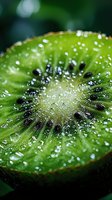 Fresh juicy kiwi fruit slice with water droplets in macro view showing detailed texture, seeds and vibrant green flesh. For food and healthy lifestyle concepts.