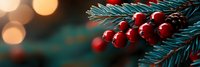 Christmas pine branch with red berries and warm bokeh lights creating festive holiday atmosphere for seasonal decorations and greeting cards.