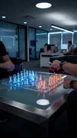 Futuristic holographic chess game with glowing pieces in modern office environment showcasing advanced technology and strategic thinking for business concepts.