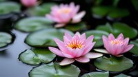 Pink water lilies floating on dark pond water with green lily pads, creating serene natural composition. Soft focus botanical photography for spa and wellness.