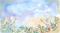 Watercolor illustration of white doves flying among blooming flowers and green foliage with ornate gold border frame, suitable for wedding invitations and greeting cards.