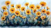 Yellow cosmos flowers in watercolor style against blue background, floral garden arrangement showing delicate petals and stems in artistic botanical composition.