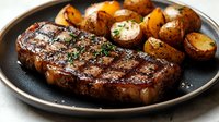 Grilled ribeye steak with golden roasted potatoes on black plate, seasoned with herbs and spices, showing juicy meat texture and char grill marks.