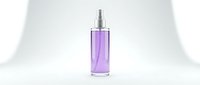 Purple glass perfume bottle with silver spray pump on white background isolated for cosmetic and beauty product design.