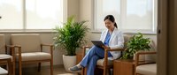 Female healthcare professional in blue scrubs using tablet in modern medical office waiting area with plants and natural lighting for patient care.