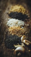 Assorted seeds and spices arranged in rows on rustic wooden background with garlic cloves, showcasing cooking ingredients for culinary use.