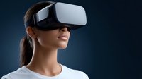 Young woman wearing virtual reality headset experiencing immersive technology on dark blue background for gaming entertainment and digital innovation.