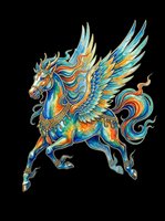 Ornate winged horse with flowing mane and tail in vibrant blue, gold, and orange tones. Isolated on transparent background, ready for t-shirts, stickers, clipart, and print-on-demand designs.