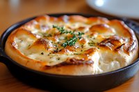 Fresh baked garlic knots in cast iron skillet with melted mozzarella cheese, herbs and butter glaze, golden brown crust and aromatic seasoning.