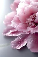 Delicate pink peony flower with water droplets on soft petals, close-up macro photography for spring wedding invitations and romantic greeting cards.