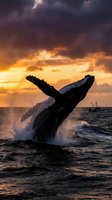 Humpback whale breaching ocean surface at sunset with dramatic orange clouds and fishing boat in background creating spectacular marine wildlife scene.