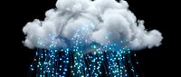 Digital cloud computing concept with glowing blue data streams falling like rain on black background for technology presentations.