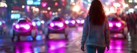 Young woman with long dark hair walking alone on urban street at night with vibrant neon lights and blurred taxi cabs creating atmospheric cityscape scene.