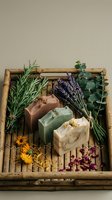 Natural handmade soap bars with lavender, rosemary and eucalyptus herbs in rustic wooden basket for spa wellness and organic skincare routine.
