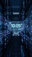 Futuristic holographic clock display showing 10:09 AM in glowing blue digital interface with light streaks and data center server room background for tech concepts.