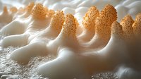 Macro photography of soap foam with golden sunlight creating dramatic shadows and highlights on white bubbles, abstract minimalist composition for wellness concept.