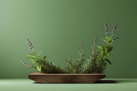Fresh aromatic herbs including lavender, rosemary and mint arranged in wooden bowl on green background for culinary and wellness applications.