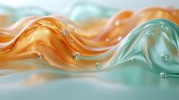 Flowing waves of orange and turquoise liquid with transparent spheres creating dynamic abstract composition. Soft gradient background adds depth to fluid motion.